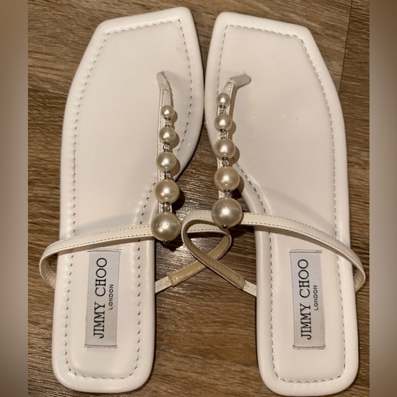 Jimmy Choo Alaina Women’s Leather Thong Flat Sandals White Bridal - Picture 1 of 4